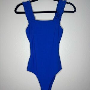 Le Lis Electric Blue Ruffled Strap Ribbed Bodysuit